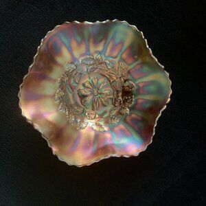 Dugan or Fenton Carnival Glass Bowl Cosmos Variant Design Multi Marigold Vintage